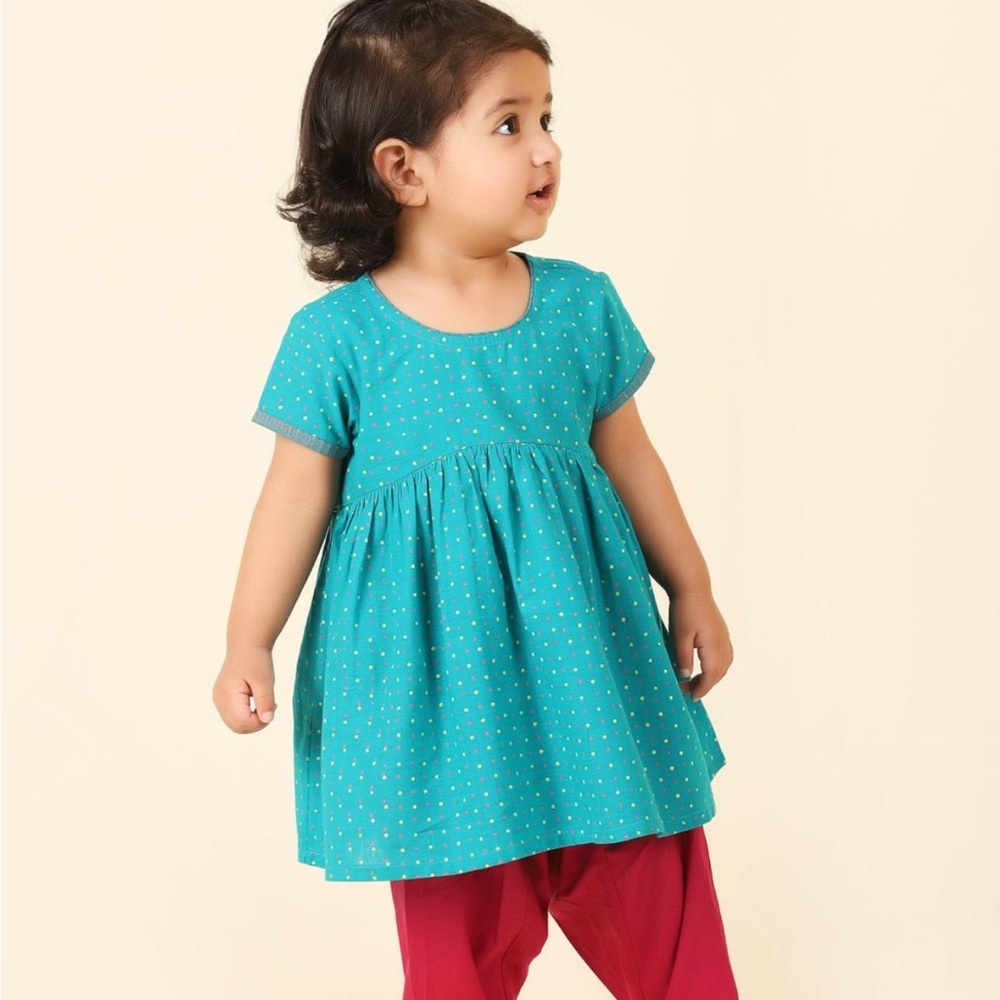 • Fab India • Girls Teal Cotton Hand Block Printed Flared Salwar